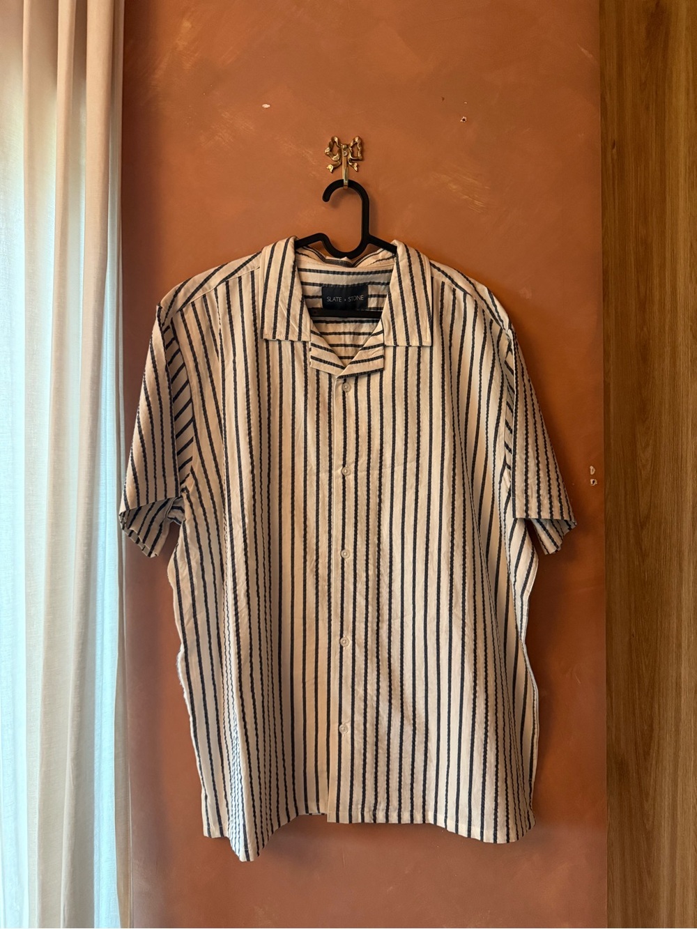 Slate & Stone Short Sleeve Vertical Stripe Button-Up Shirt - Cream & Black
